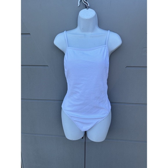 Andie Swim The Paloma White Ribbed One Piece Swimsuit Lace Back Square Neck Sz M - Picture 8 of 16